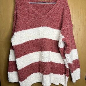 Cozy Striped V-Neck Oversized Sweater - Mauve and White